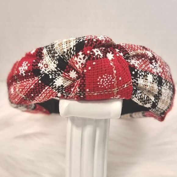 RED BLACK KHAKI PLAID SNOWFLAKE CHRISTMAS HEADBAND - Picture 2 of 5